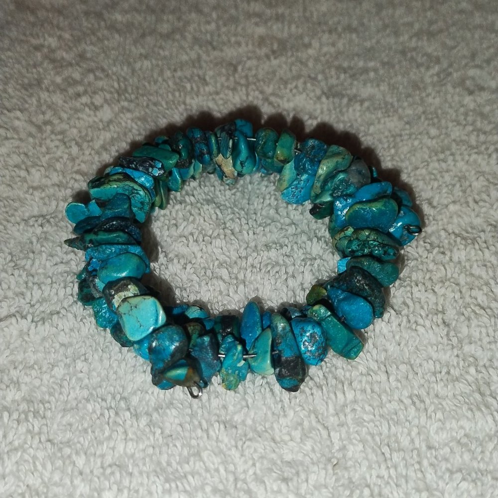 Turquoise Memory Wire Bracelet Silver Tone Chips Ethnic Native Tribal West